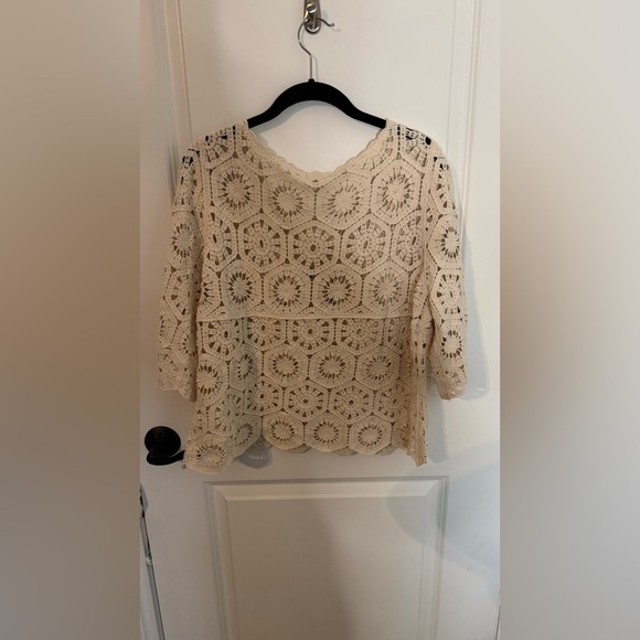 Ultra Pink Cream Cropped Crochet Style Blouse Sz Large 100% Cotton - Picture 4 of 4